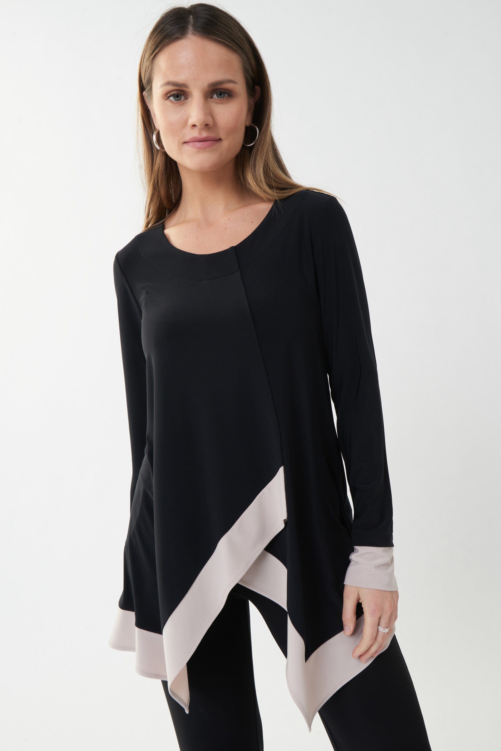 Joseph Ribkoff Tunic - 223055: Black and White Tunic with V-Neckline and Abstract Print Design