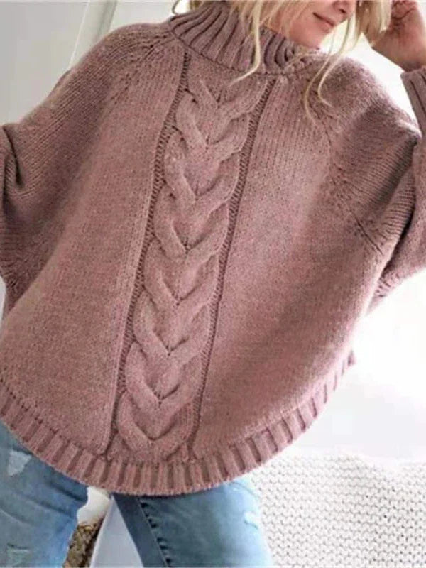 Knit Turtleneck Sweater with Cable Design and Relaxed Drop Sleeves