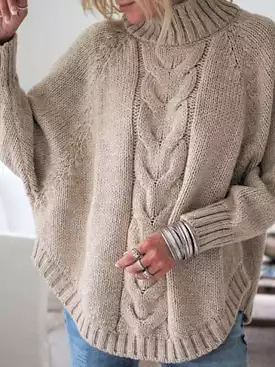 Knit Turtleneck Sweater with Cable Design and Relaxed Drop Sleeves