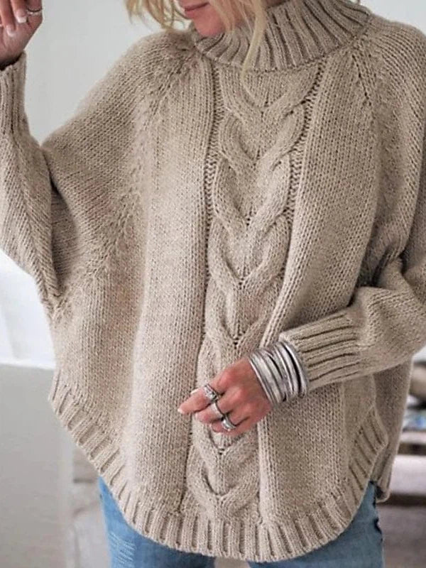 Knit Turtleneck Sweater with Cable Design and Relaxed Drop Sleeves