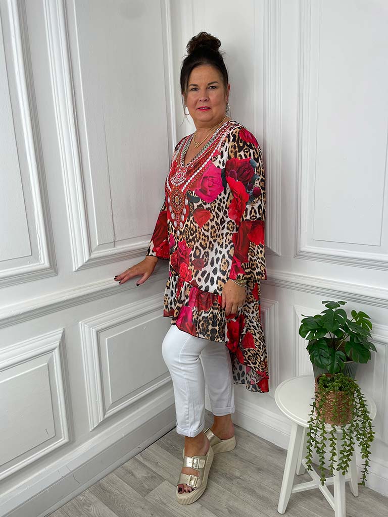 Malissa J Embellished Kaftan Tunic - Rose & Leopard