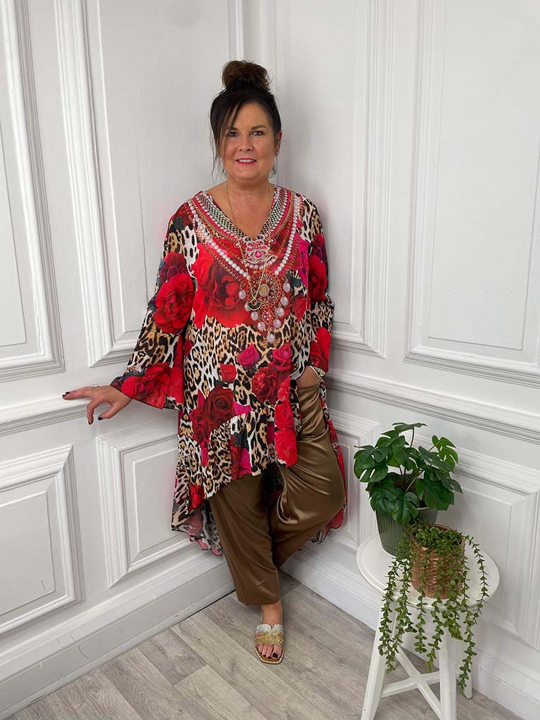 Malissa J Embellished Kaftan Tunic - Rose & Leopard