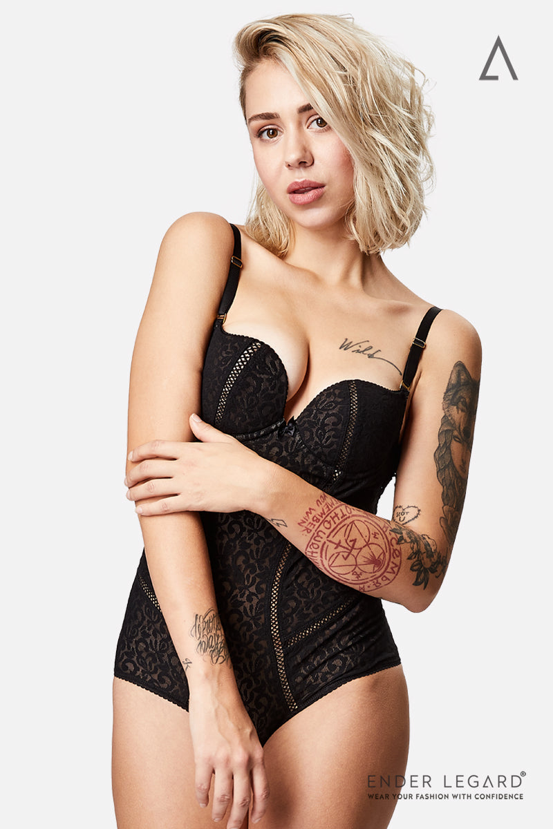 MIA Black Jacquard Mesh Backless Bodysuit with Plunge Bra - Purchase Now!