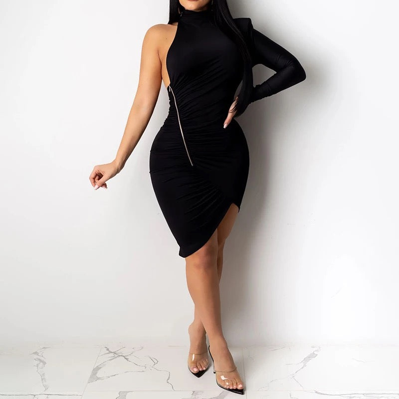 One Shoulder Turtleneck Dress with Zipper