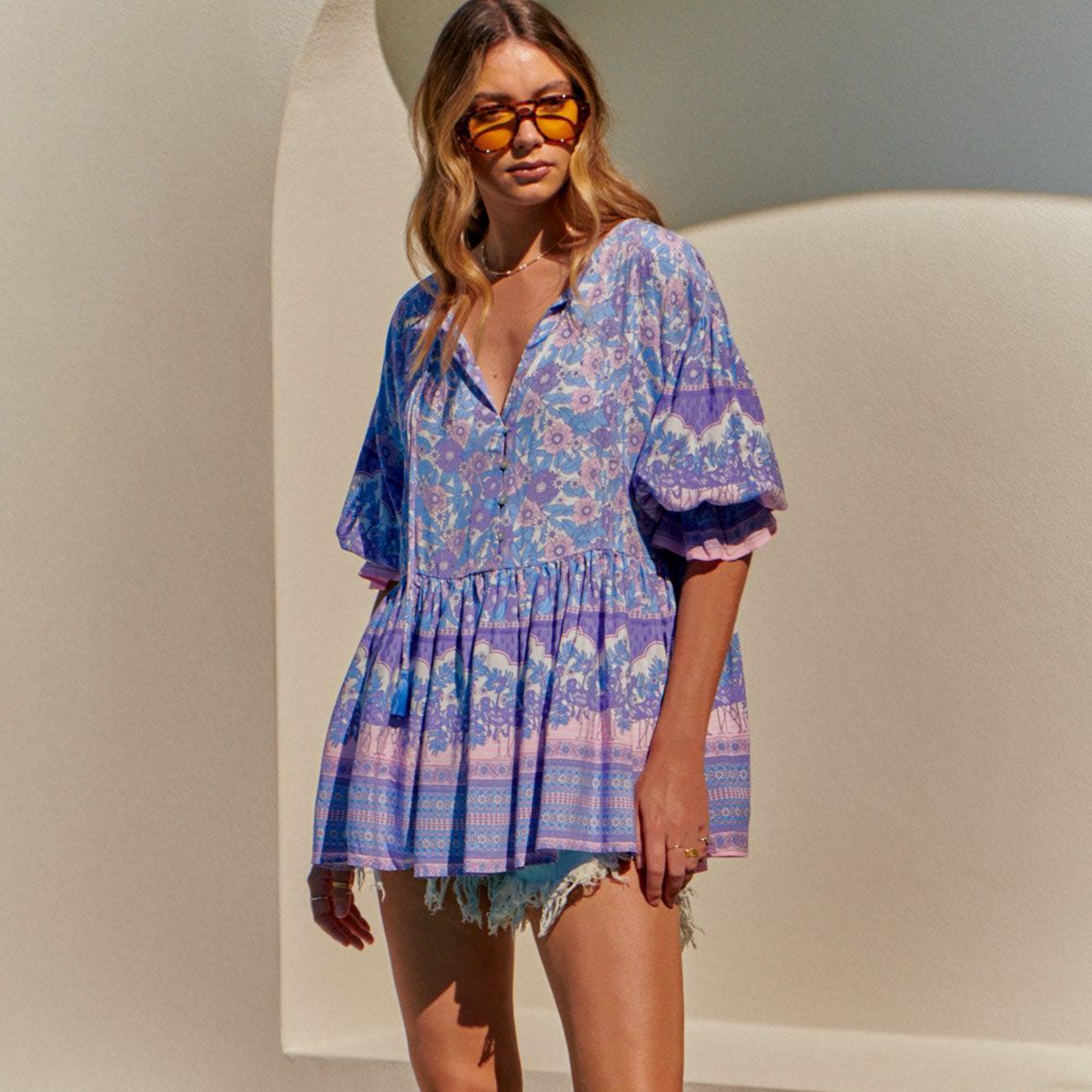 Pia Blue Flamingo Print Tunic Top