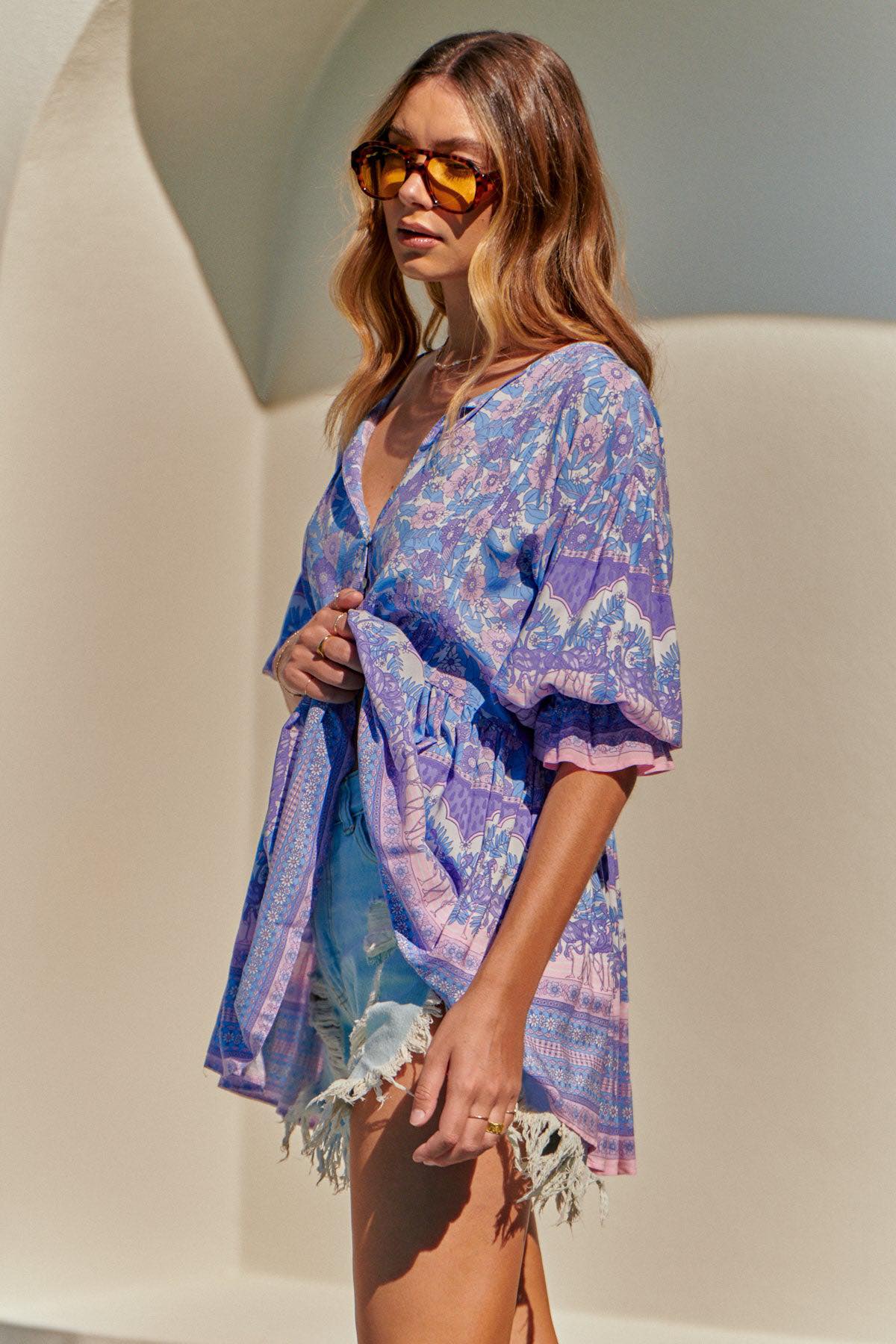 Pia Blue Flamingo Print Tunic Top