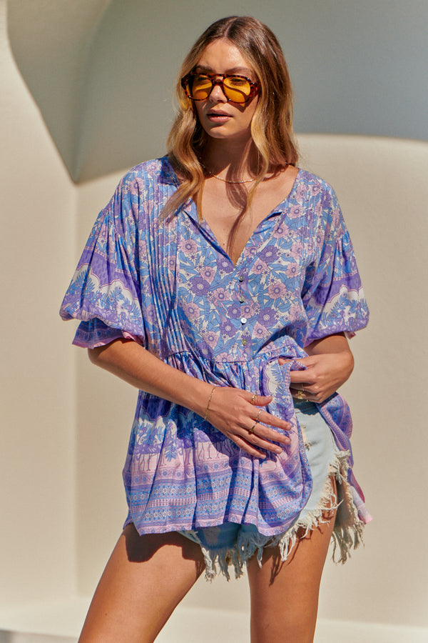 Pia Blue Flamingo Print Tunic Top