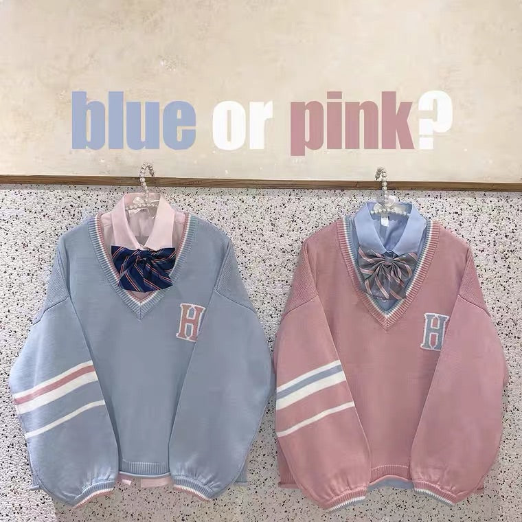 pink blue v-collar sweater