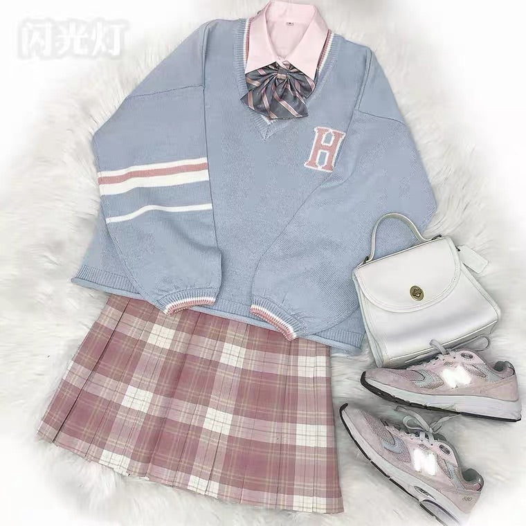 pink blue v-collar sweater