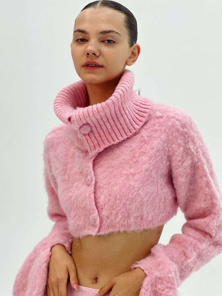 Pink Mohair Sweaters, Hairy Cropped Coat, Roll Neck Turtleneck, Single Breasted Cardigans