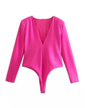 Pink V Neck Bodysuit with Deep Cleavage