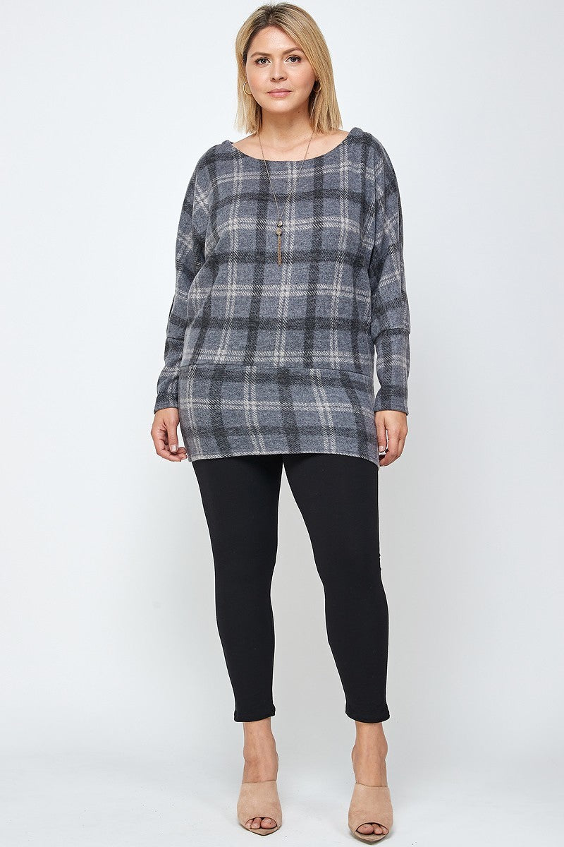 Plaid Boat Neck Tunic Top with Long Dolman Sleeves