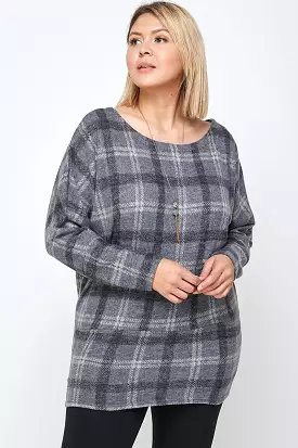 Plaid Boat Neck Tunic Top with Long Dolman Sleeves