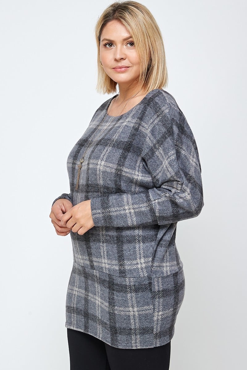 Plaid Boat Neck Tunic Top with Long Dolman Sleeves