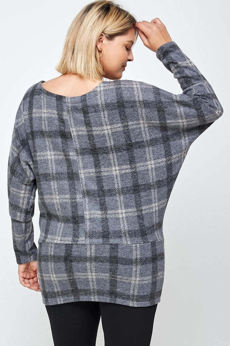 Plaid Boat Neck Tunic Top with Long Dolman Sleeves