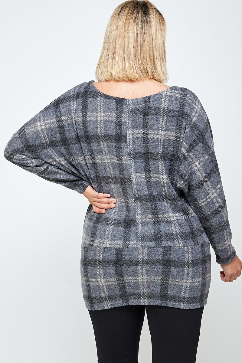 Plaid Boat Neck Tunic Top with Long Dolman Sleeves