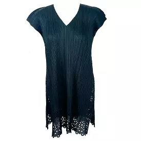 Pleats Please Black Lasercut Hem V Neck Tunic - Sizes 4, XS, S, M, L, XL