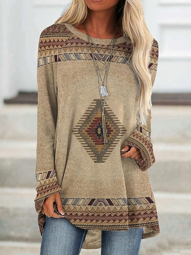 Plus Size Ethnic Geometric Plaid Tunic Top