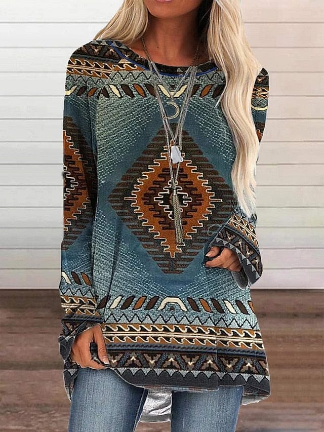 Plus Size Ethnic Geometric Plaid Tunic Top