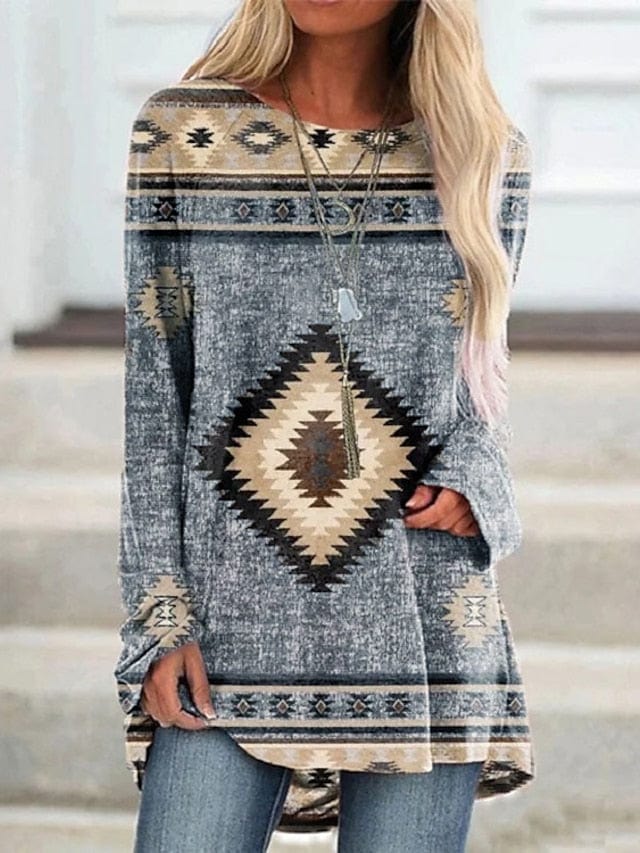 Plus Size Ethnic Geometric Plaid Tunic Top