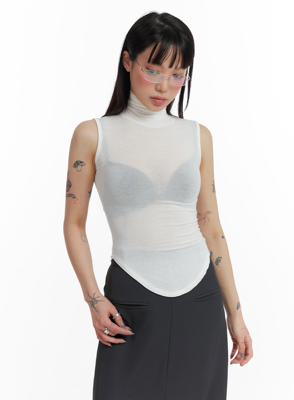 Sheer Sleeveless Turtleneck Tank Top - IF423