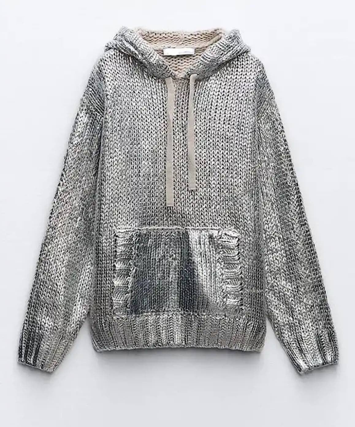 Silver Hoodie Sweater with Rib Trim