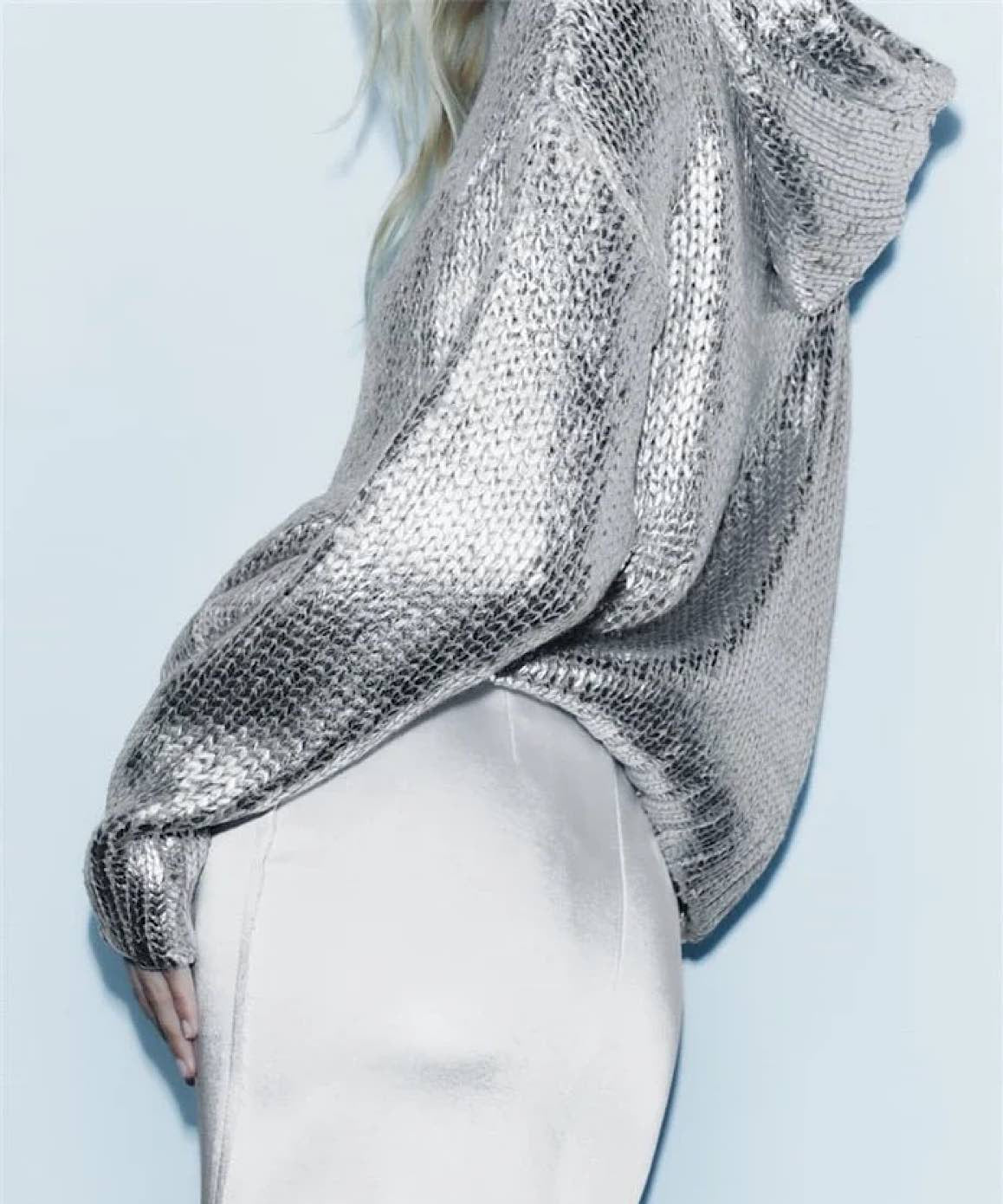 Silver Hoodie Sweater with Rib Trim