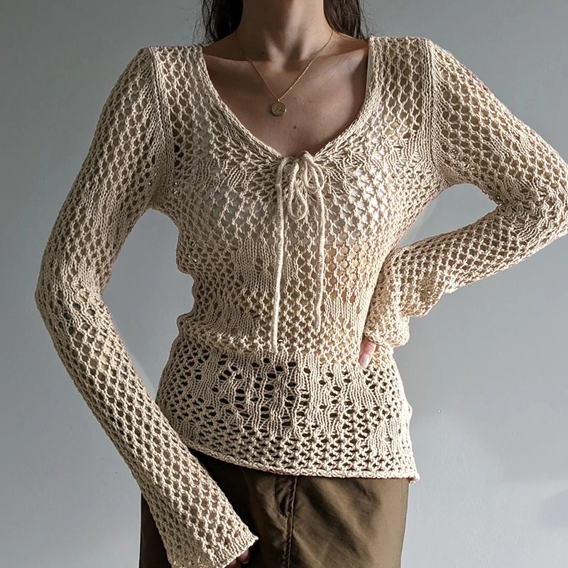 Solid color minimalist strap sweater with hollowed out design - by11292