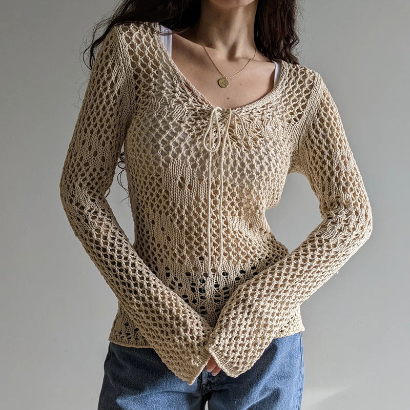 Solid color minimalist strap sweater with hollowed out design - by11292