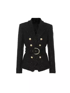 Sparkly Belted Blazer with Gold Buttons - Double Breasted