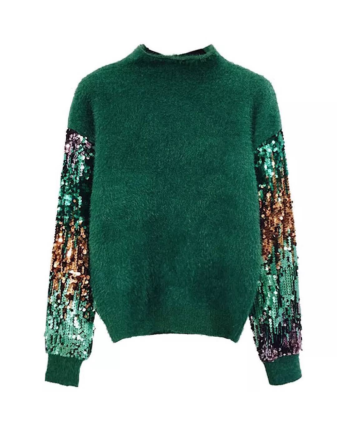 Sparkly Sequin Sweater with Cozy Fluffy Sleeves