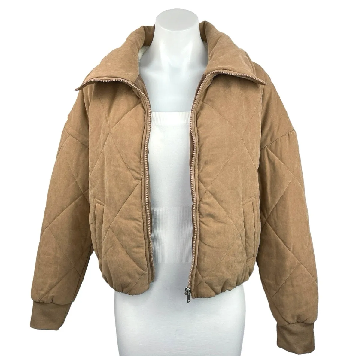 Tan Full Zip Collared Quilted Long Sleeve Puffer Jacket by Ci Sono Outerwear - Size L