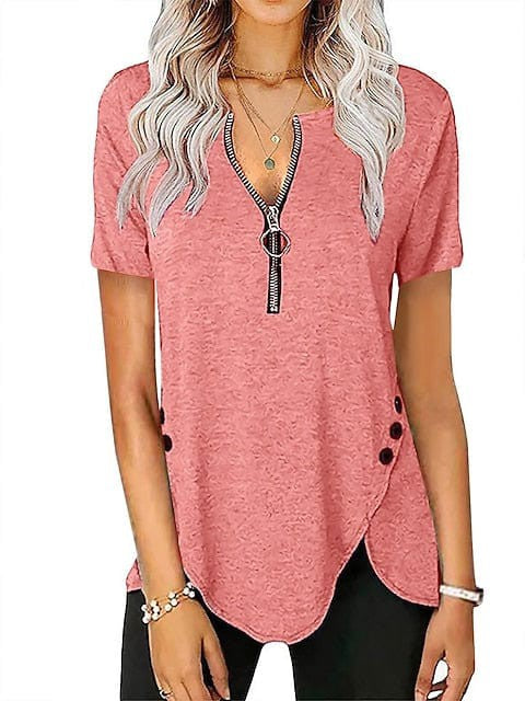 V-Neck Zippered Short-Sleeve Tunic Blouse