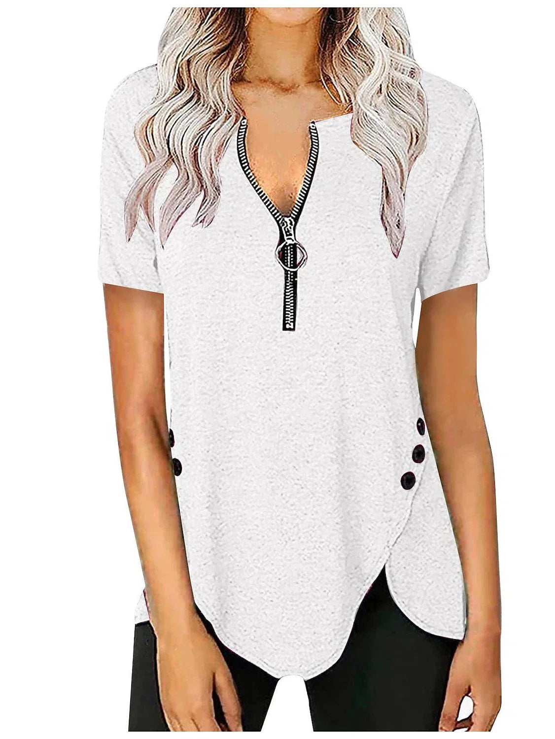 V-Neck Zippered Short-Sleeve Tunic Blouse