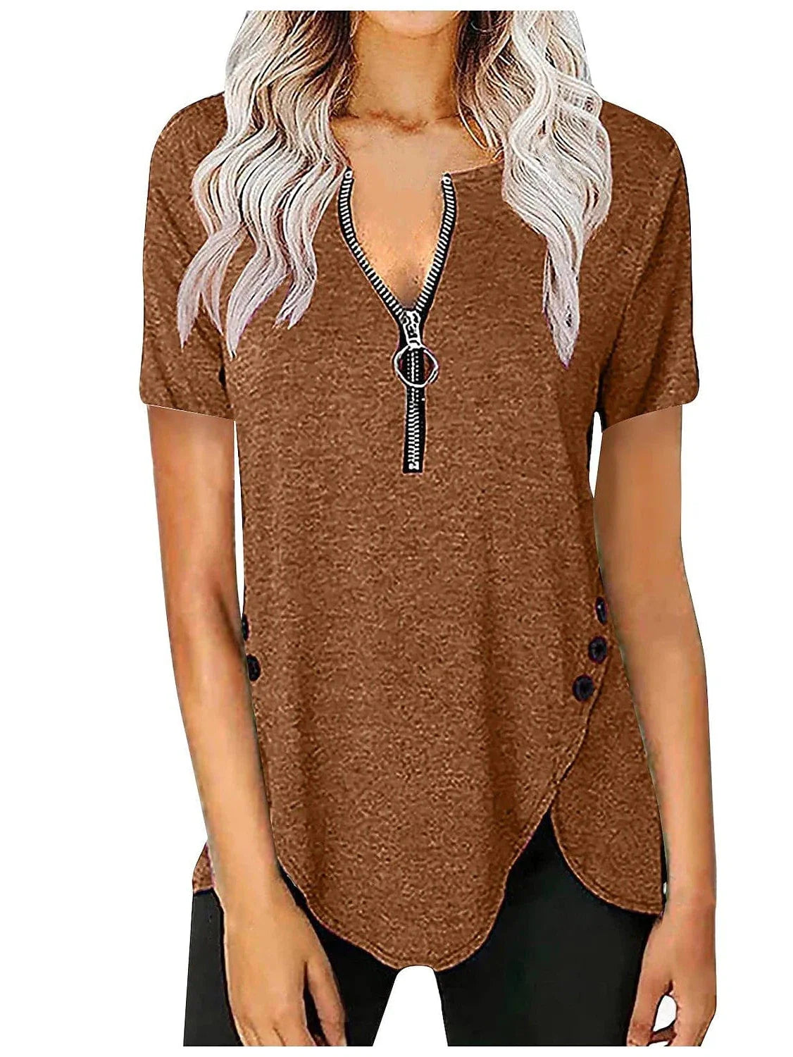 V-Neck Zippered Short-Sleeve Tunic Blouse