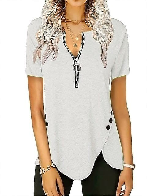 V-Neck Zippered Short-Sleeve Tunic Blouse