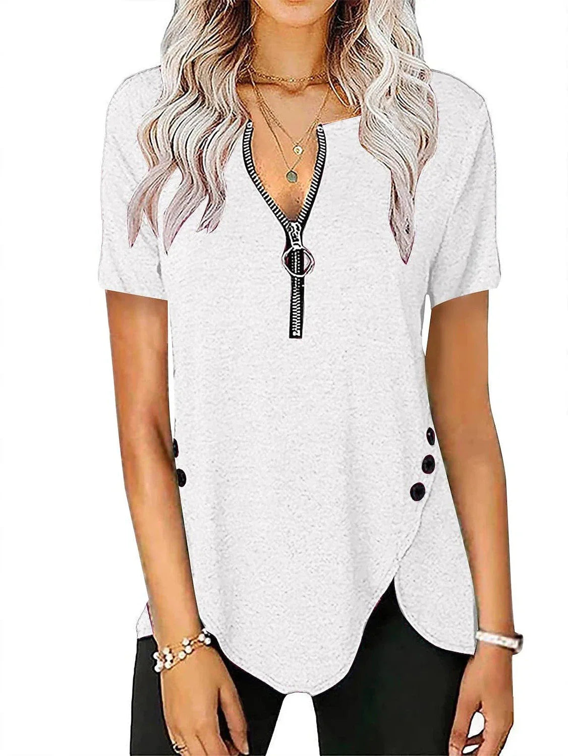 V-Neck Zippered Short-Sleeve Tunic Blouse