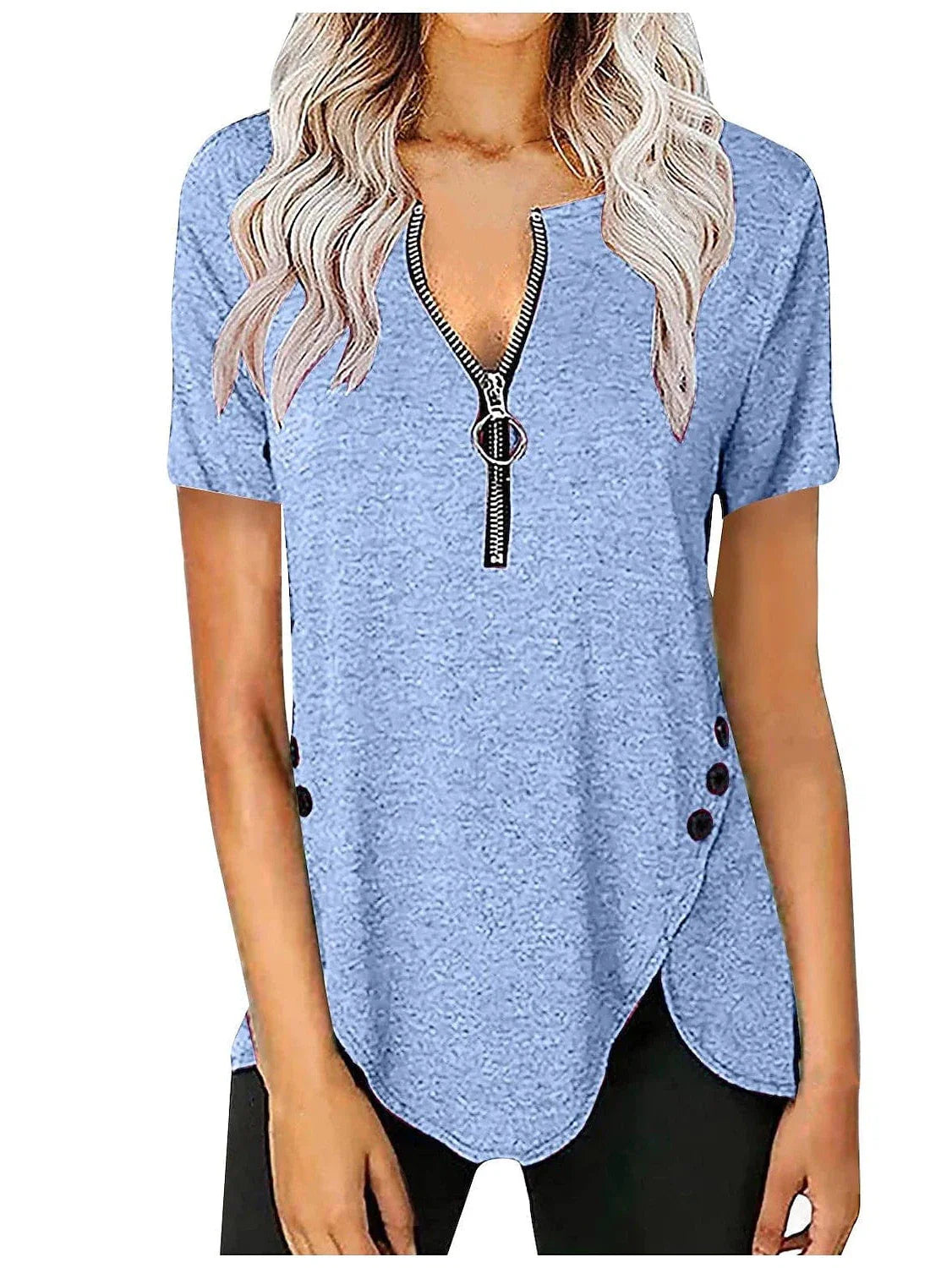 V-Neck Zippered Short-Sleeve Tunic Blouse