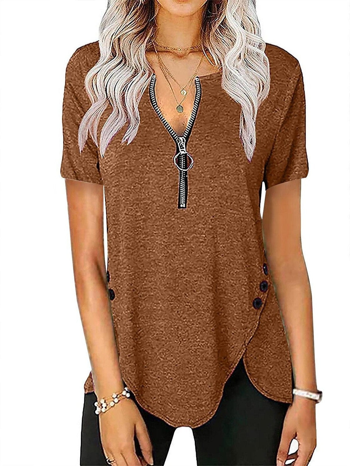 V-Neck Zippered Short-Sleeve Tunic Blouse