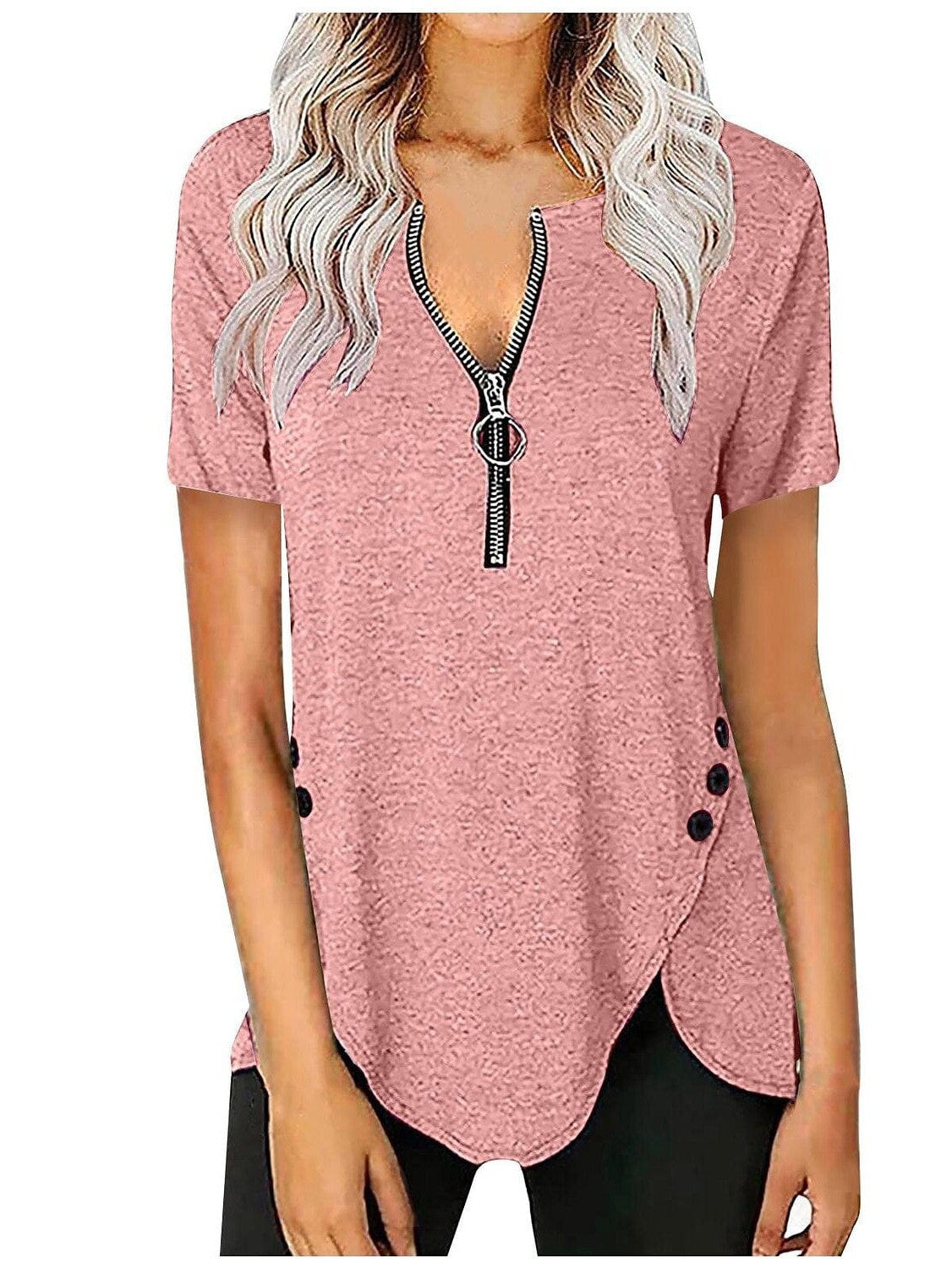 V-Neck Zippered Short-Sleeve Tunic Blouse