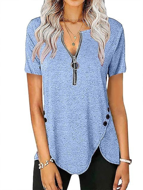 V-Neck Zippered Short-Sleeve Tunic Blouse