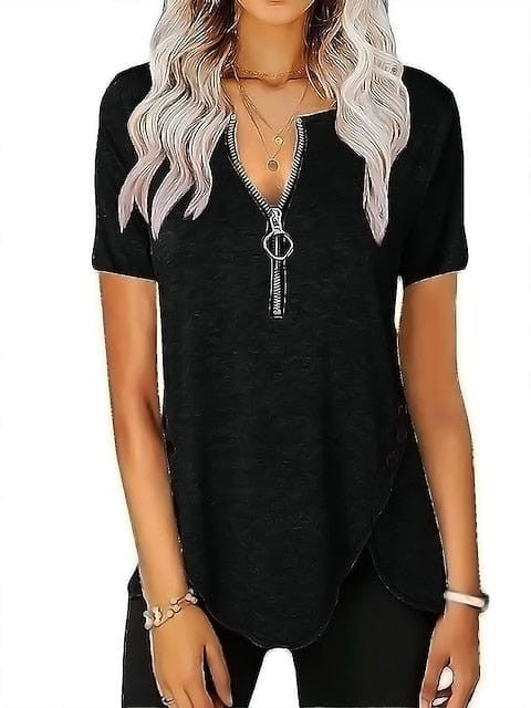 V-Neck Zippered Short-Sleeve Tunic Blouse