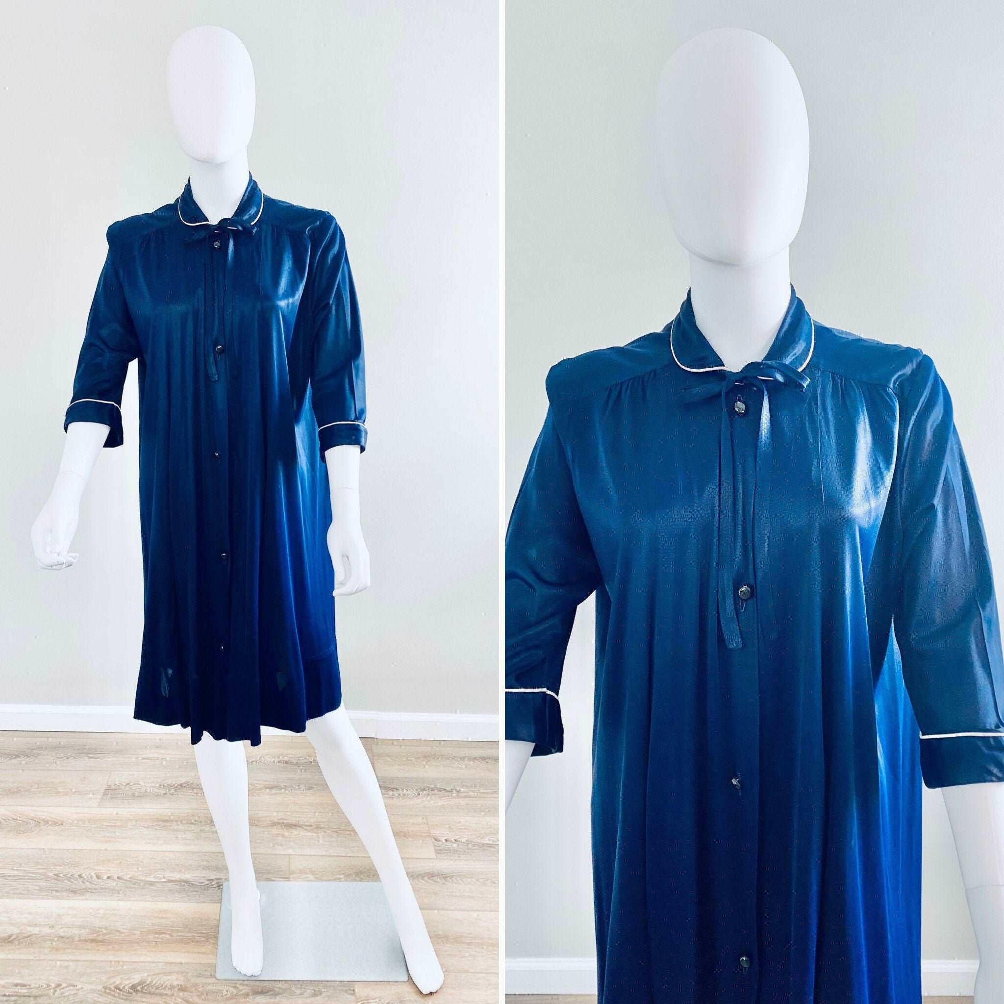 Vintage 1940s Navy Blue Rayon Jersey Robe, 40s Lingerie, One Size