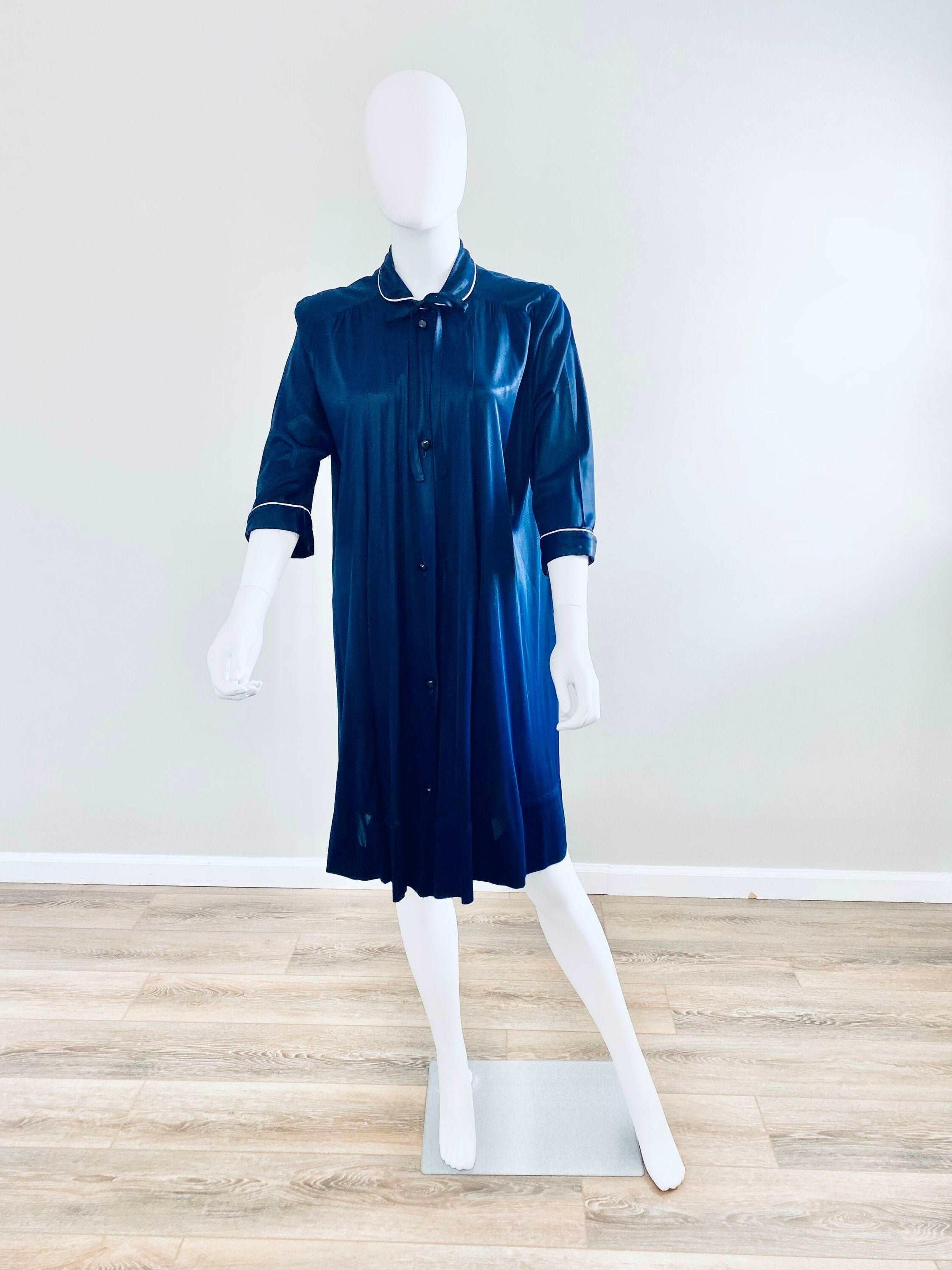 Vintage 1940s Navy Blue Rayon Jersey Robe, 40s Lingerie, One Size