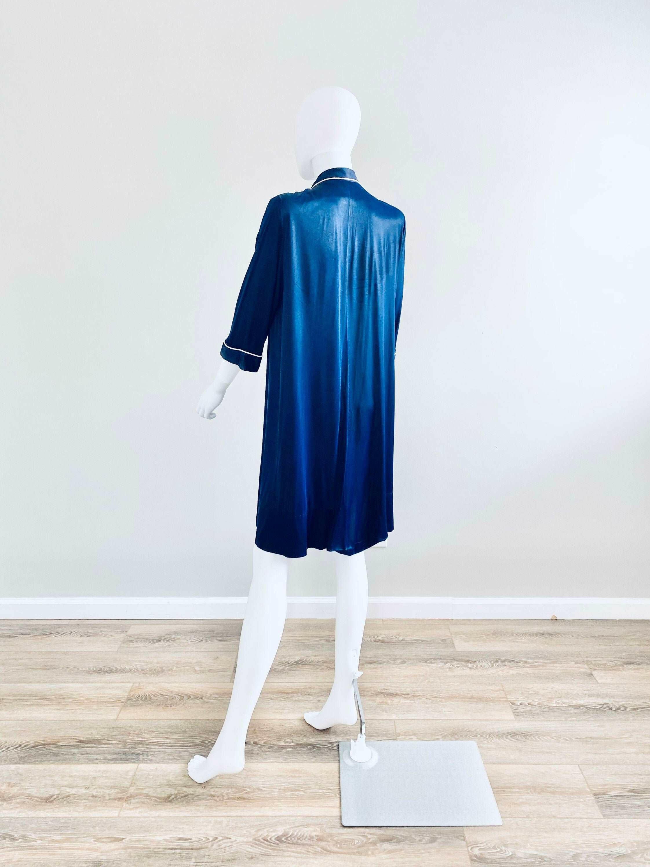 Vintage 1940s Navy Blue Rayon Jersey Robe, 40s Lingerie, One Size