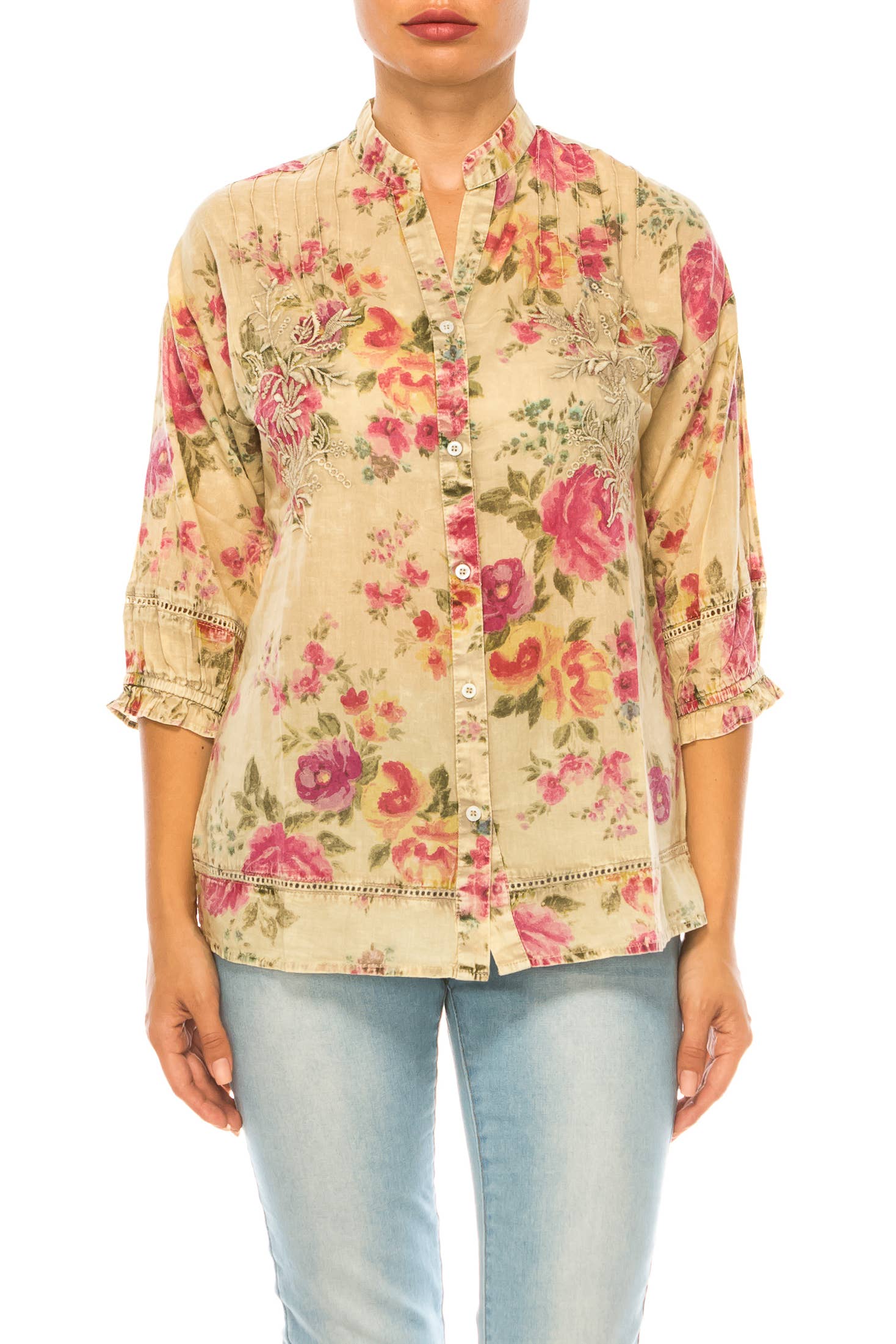 Vintage Floral Button Down Tunic - Embroidered and Laced - Search optimized