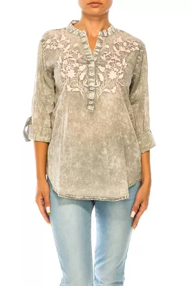 Vintage Floral Embroidered Half Button Tunic