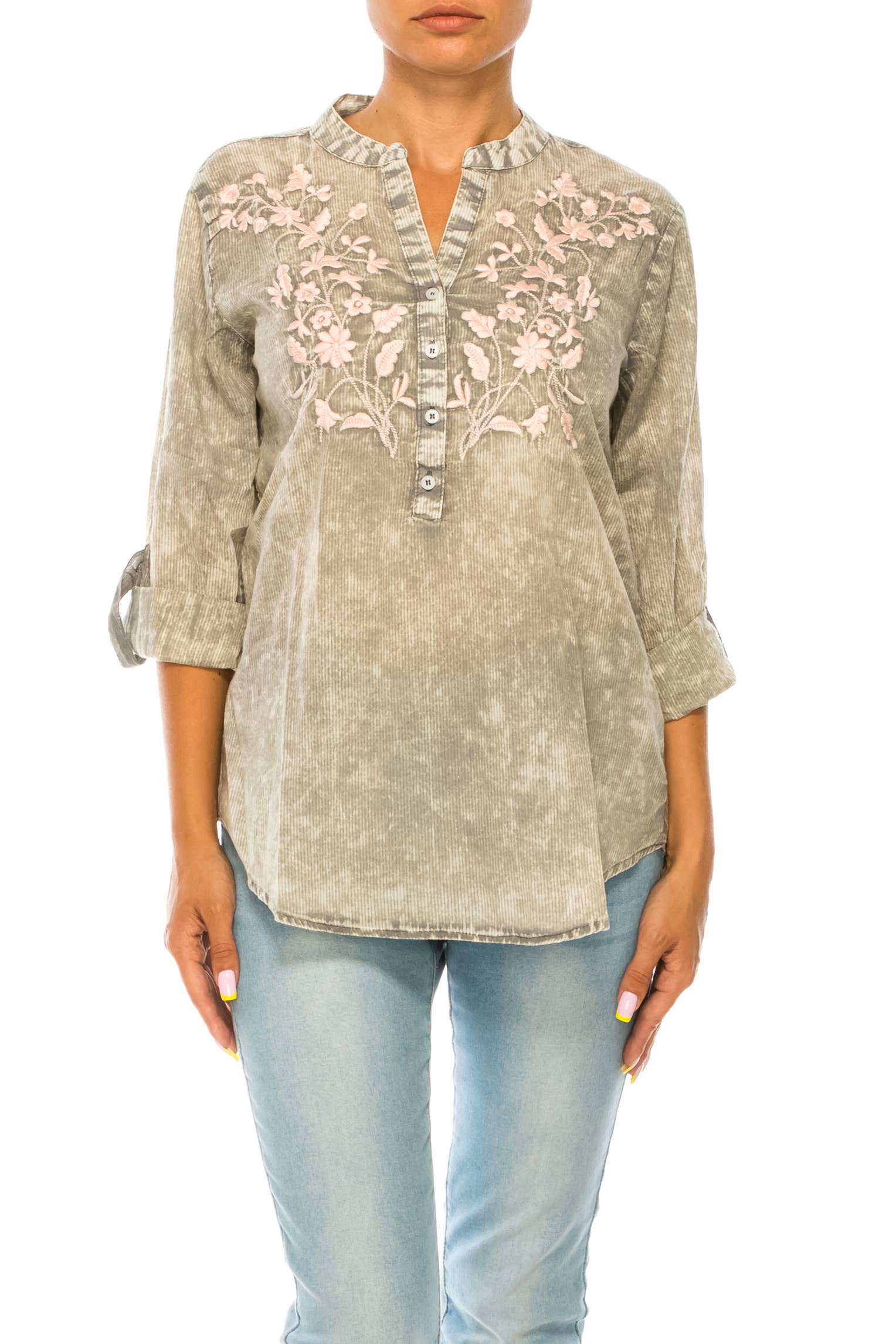 Vintage Floral Embroidered Half Button Up Tunic