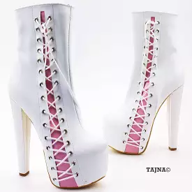 White Pink Corset High Heel Platform Boots - Google SEO result: White Pink Lace-Up Stiletto Platform Boots