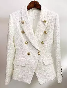 White Tweed Blazer - Decorative Gold Buttons